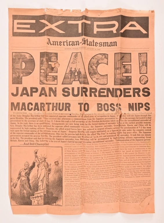 1945 American-Statesman "Japan Surrenders" Article: American-Statesman Extra Austin, Texas, Tuesday, August 14, 1945 article. PEACE! Japan Surrenders.