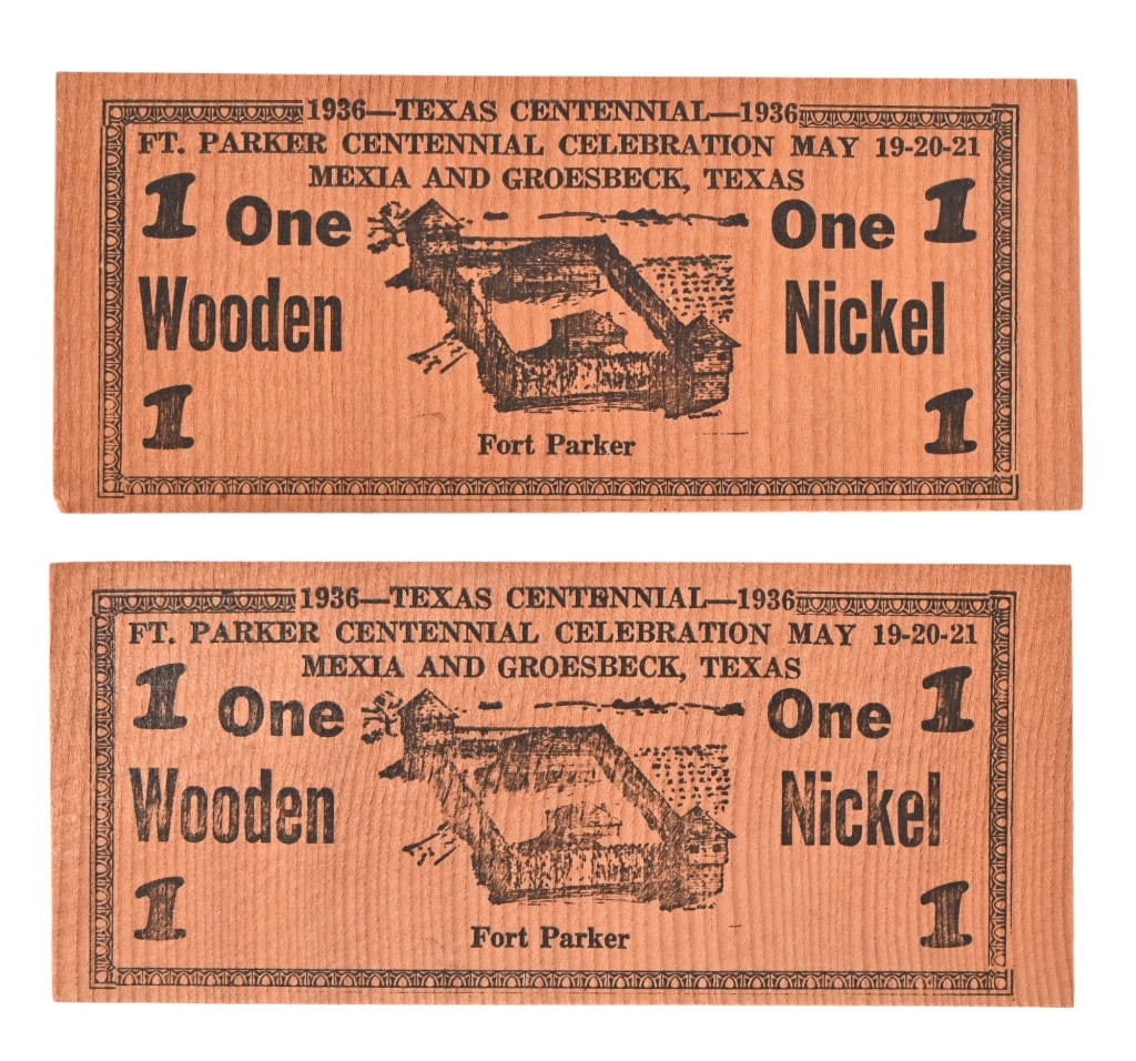 Texas Centennial Fort Parker Wooden Nickels (Pair) (1 of 2)