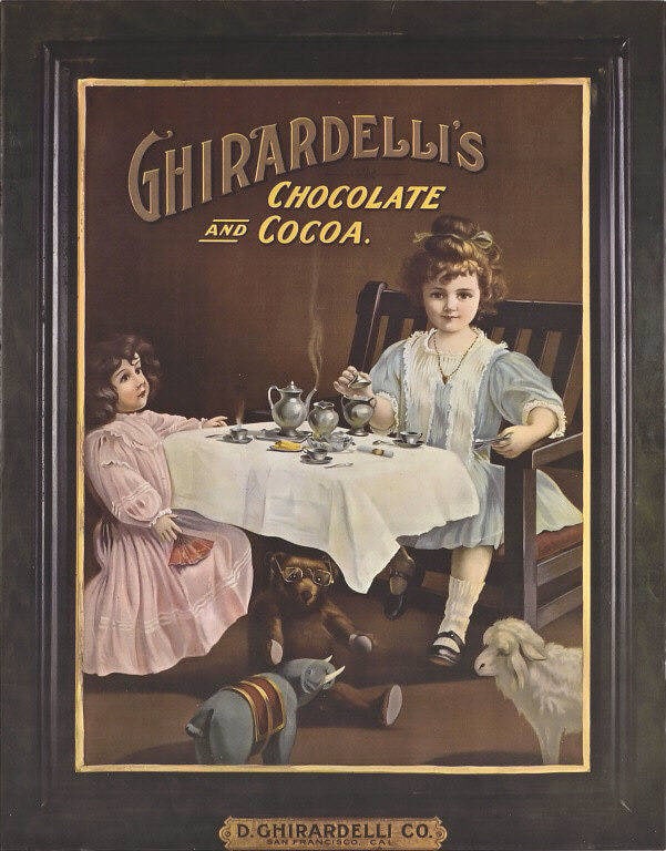 Ghirardelli's Chocolate and Cocoa Reproduction Ad: Copy of an early 1900's tin sign. Measures 16.5" x 21" Paper.