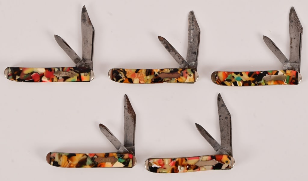 (5) End Of Day Celluloid Handle Pocket Knives: Kent NY City manufactured. Measure 3 1/2" closed. 5 3/4" to 6" open.