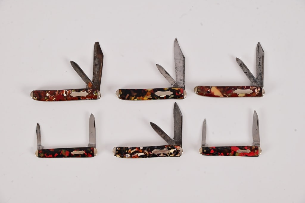 (6) End Of Day Celluloid Handle Pocket Knives: Six (6) End Of Day Pocket Knives. Imperial and Kent Manufacturers. Good to Very Good Condition. Measure between 3" to 3 1/2" closed. 4 3/4" to 6" open.