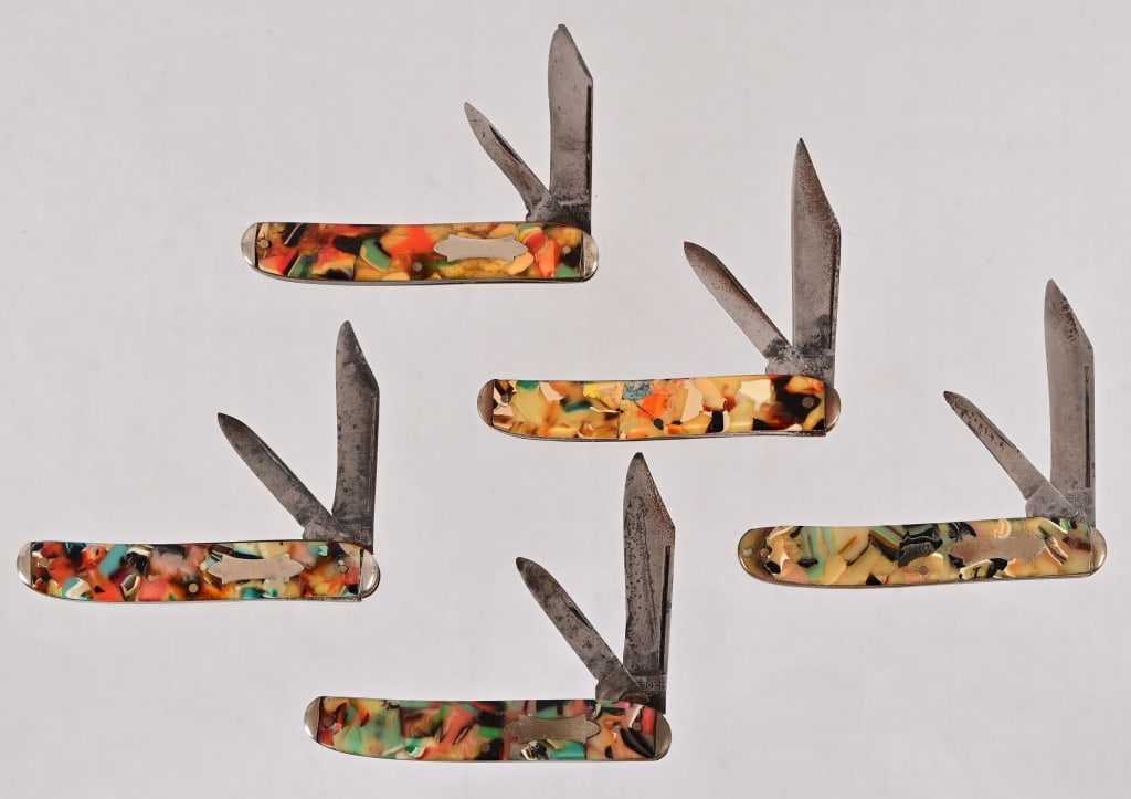 Collection 5 Celluloid Handle Pocket Knives: Manufactured by Kent, New York City. Each measures 3 1/2" when closed.