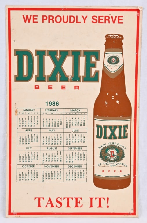 Dixie Beer Calendar Sign: 1986 Calendar. Approximately 12" x 18"