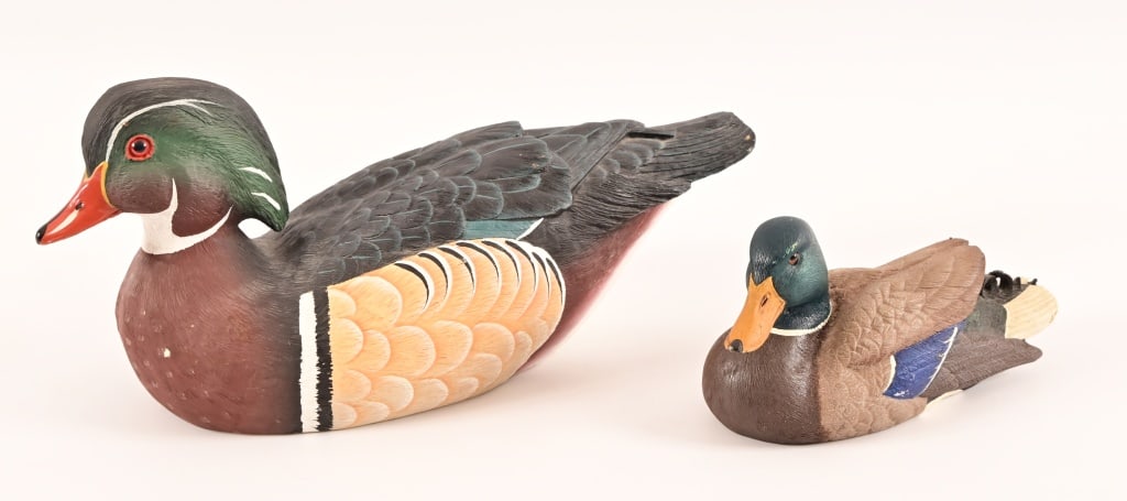 Two Resin Ducks: Two Resin Ducks Wood Duck Drake 15x6x7 Mallard Drake 8x3x4