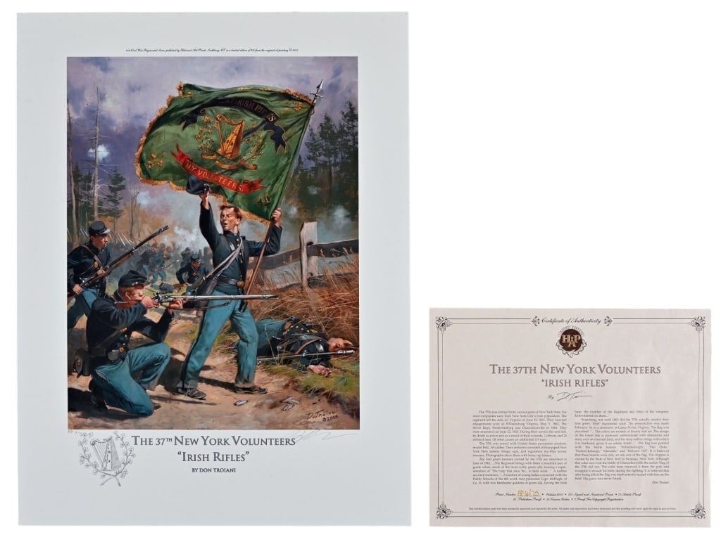Don Troiani Signed Civil War Print "Irish Rifles": The 37th New York Volunteers "Irish Rifles" limited edition No. AP6/75. Comes with COA. Print measures 15 1/2" x 20".