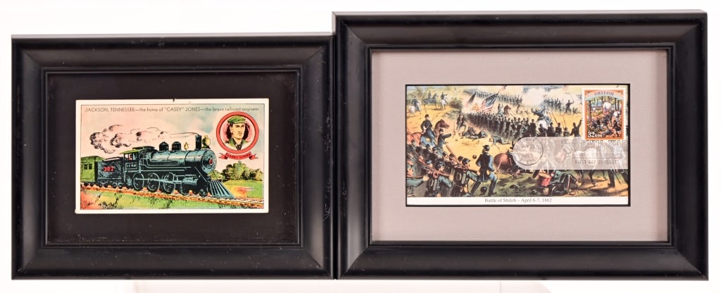 (2) Framed Casey Jones Postcard, Civil War Stamp (1 of 3)
