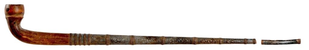 Antique Chinese Opium Pipe: Approximately 17" Long, Bowl is 1" Diameter. Tip is broken but may be repaired. From the personal collection of Bud Shrake
