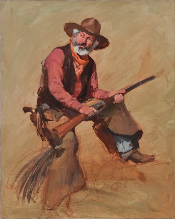 Original Guy Deel Cowboy Painting: Unframed, original mixed media on canvas, cowboy and his rifle. Measures 22" x 28". Born in Tuxedo, Texas, Deel was known for his Western Illustrations. In 1976 Deel began doing book covers for paperb
