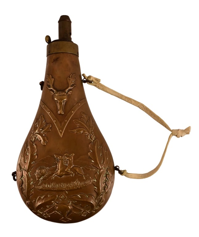 Brass Black Gun Powder Flask: With Embossed Indian Hunting Scene.