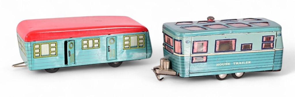 (2) Vintage Pressed Tin Toy Travel Trailers: 10" length, 4" height.
