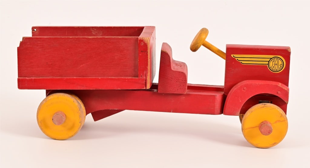 Vintage Wooden Dump Truck: Dump bed functional. 16" length, 6.5" tall.