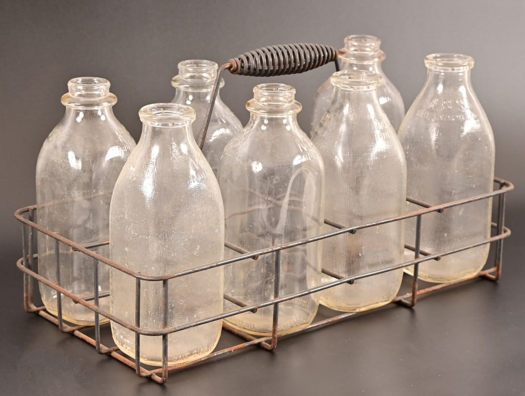 (7) Vintage Milk Bottles w/ Steel Carrier (1 of 4)