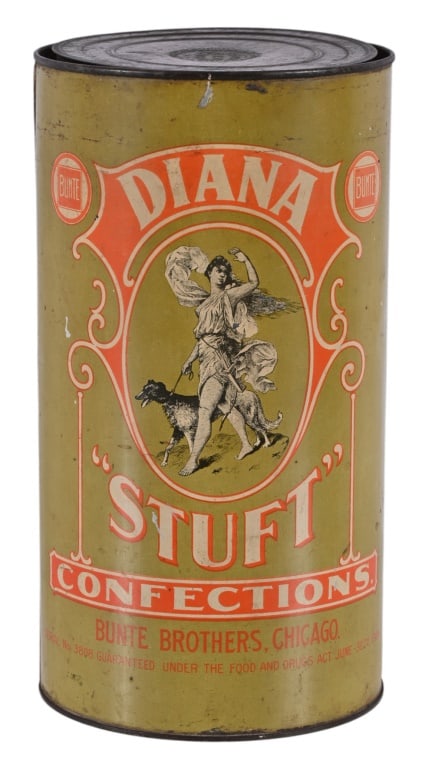 Antique Bunt Bros. Diana "Stuft" Confections Tin: Bunte Bros manufactured in Chicago. Tin manufactured by American Can Co. patent 1898. Measures 5.25" x 9.75".