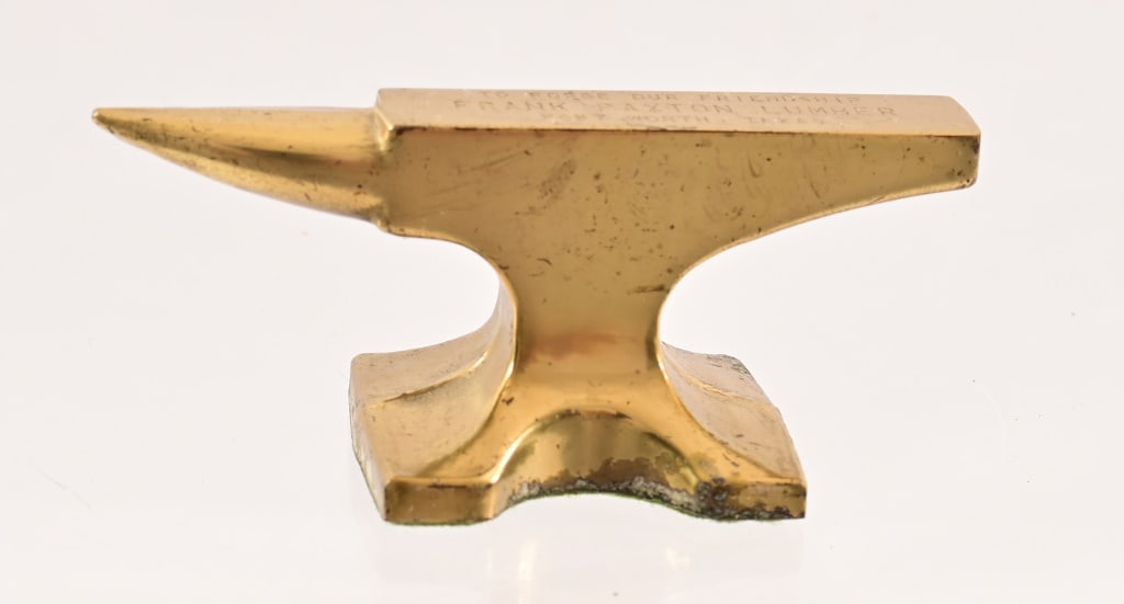Frank Paxton Lumber Texas Anvil Paperweight: Vintage advertising paperweight for Frank Paxton Lumber, Fort Worth Texas, "Forging our Friendship". Measures 1.5" x 1.5" x 3"
