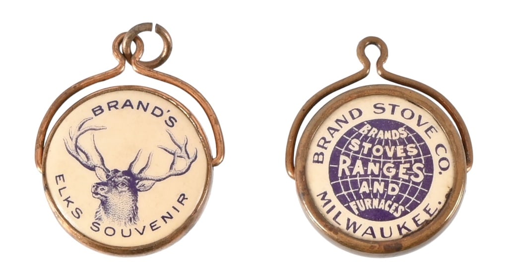 (2)Antique Brand Stove Co. Elks Lodge Souvenir Fob: Antique 1900's Brand Stove Co. Elks Lodge double-side brass and celluloid souvenir fob. both measure 1" diameter.