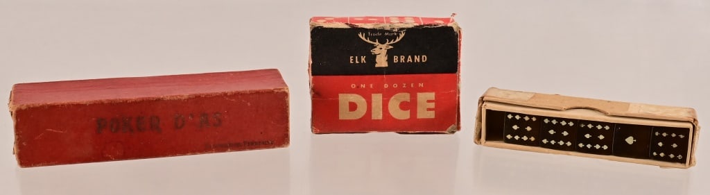 (2) 5 Piece Sets Poker Dice and 1 Dozen Dice: One Dozen Elk Brand 5/8" Dice in box. (1) 3/4" Poker D' AS set in box. (1) 5/8" Poker Dice Set in box.