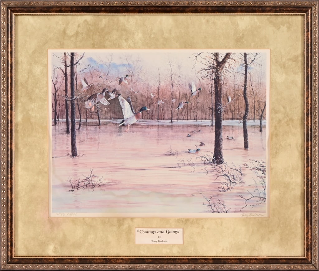 Terry Burleson Signed Wildlife Print: "Comings and Goings". Signed by Terry Burleson bottom right. Numbered 2943/4000. Framed 21x25