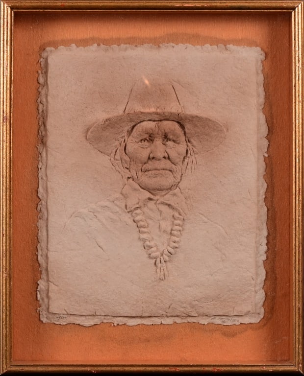 Shadowbox Framed Indian Pulp Art: Signed by artist lower RH corner. Frame measures 17 1/4" x 21 1/2".