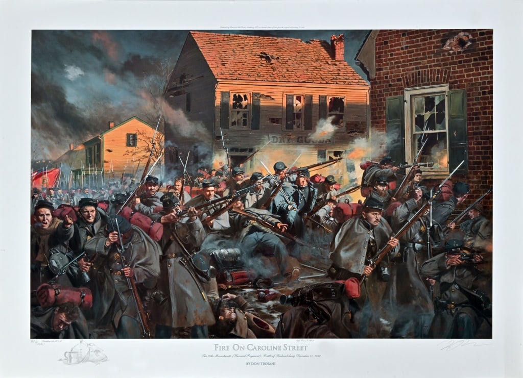 Don Troiani "Fire On Caroline Street" AP 6/100: "Fire On Caroline Street". Artist Proof numbered 6/100. The 20th Massachusetts (Harvard Regiment}, Battle of Fredericksburg, December 11, 1862. Signed with personalized sketch at bottom. Print dated 1