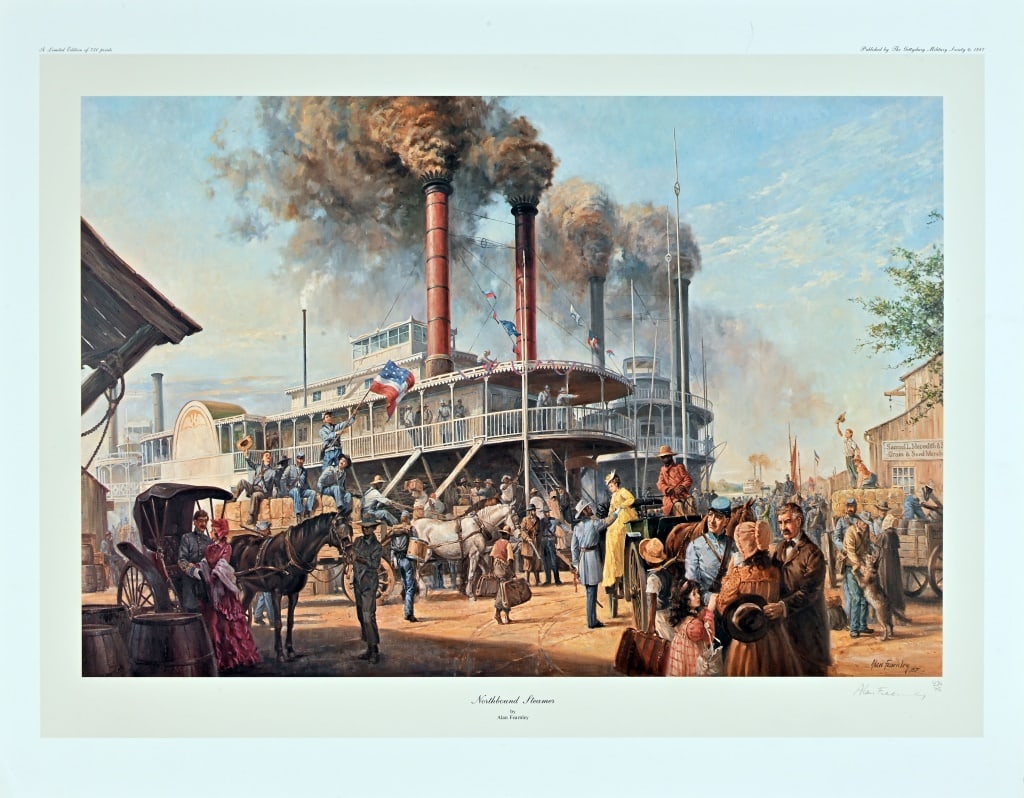 Alan Fearnley Civil War Print "Northbound Steamer": Numbered 434/750. Print measures 22 1/4" x 29". Dated 1987.