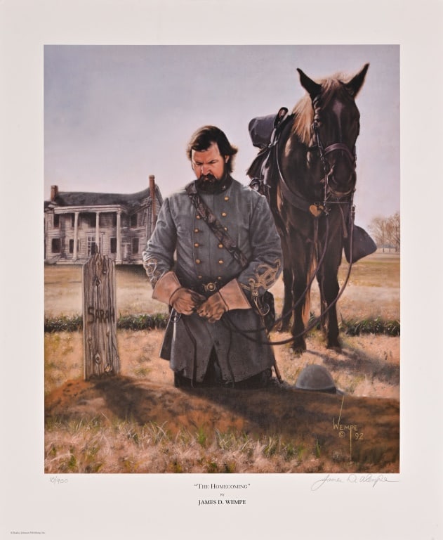 James D. Wempe Civil War Print "The Homecoming": Numbered 10/100. Print measures 20" x 24". Dated1992.