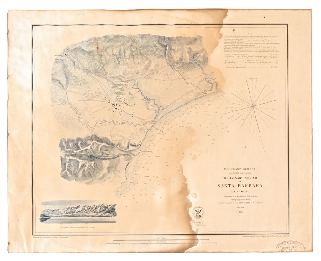 1853 Sketch Of Santa Barbara California: U.S. Coast Service Preliminary Sketch. Framed 20 1/4" x 16 1/4".