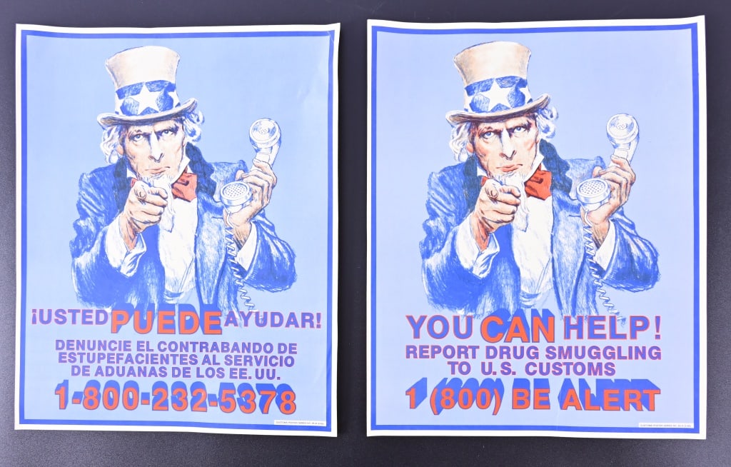 2 Uncle Sam Drug Smuggling Posters: English & Spanish 12" x 15"