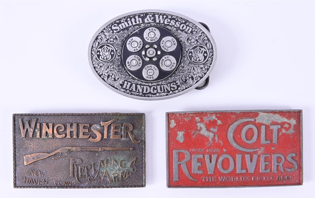 (3) Firearm Manufacturer Belt Buckles: Colt Revolvers, Winchester Repeating Arms, Smith & Wesson Handguns