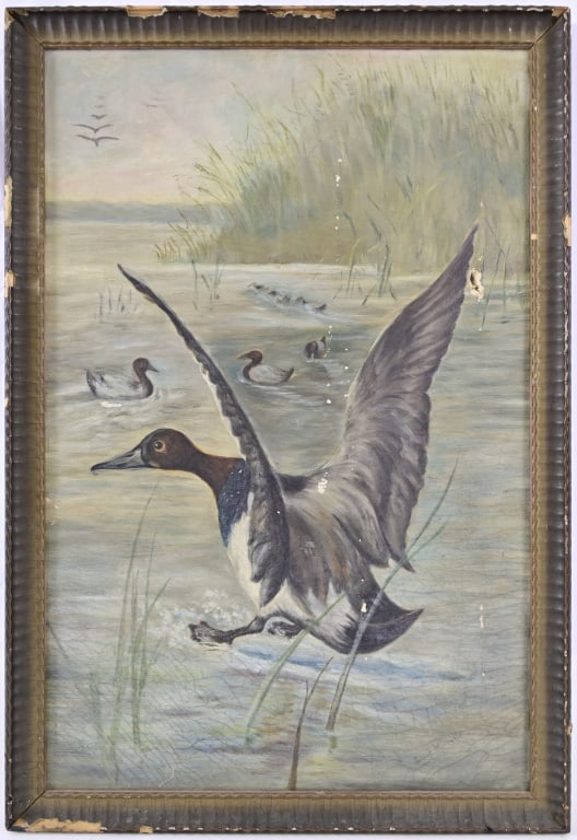 Ithel Morelle Duck Painting: Oil On Canvas. Frame: 19- 1/4"X 28- 1/4". Canvas: 17"X 26-1/4".