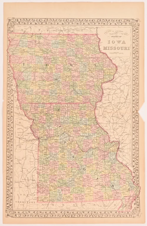 S. Augustus Mitchell's Map of Iowa & Missouri: Circa 1880's, Measures 15.25" x 23.75"