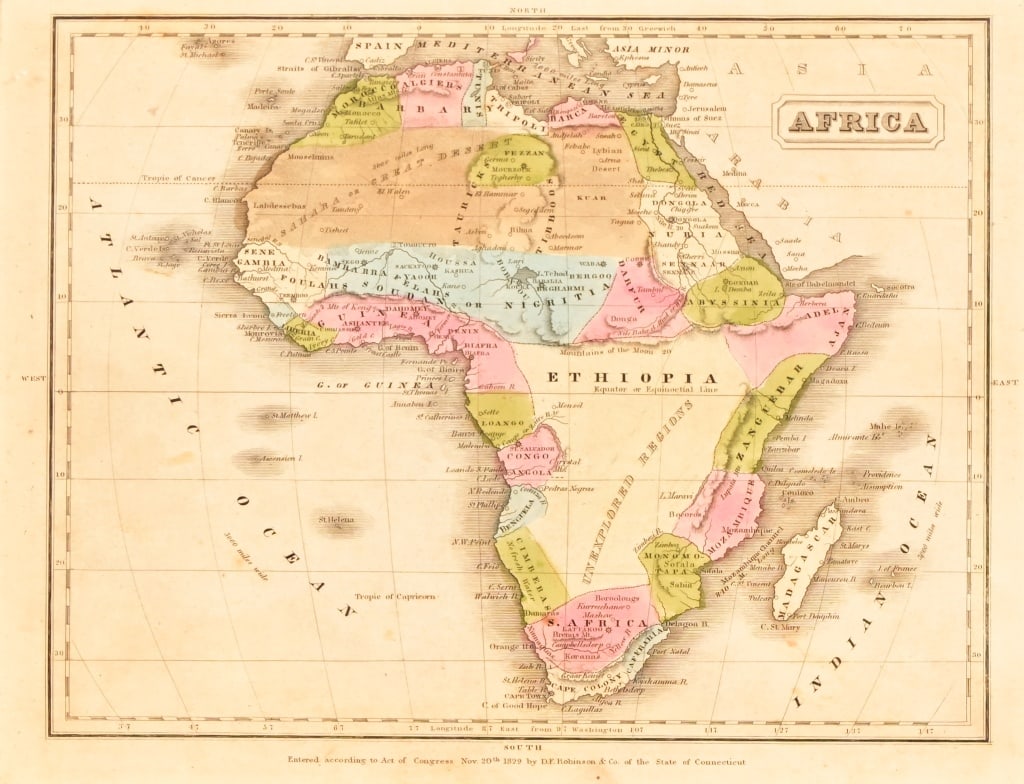D.F. Robinson's Map of Africa c.1829: Sight: 8" x 10.5", Framed: 11" x 14.25"