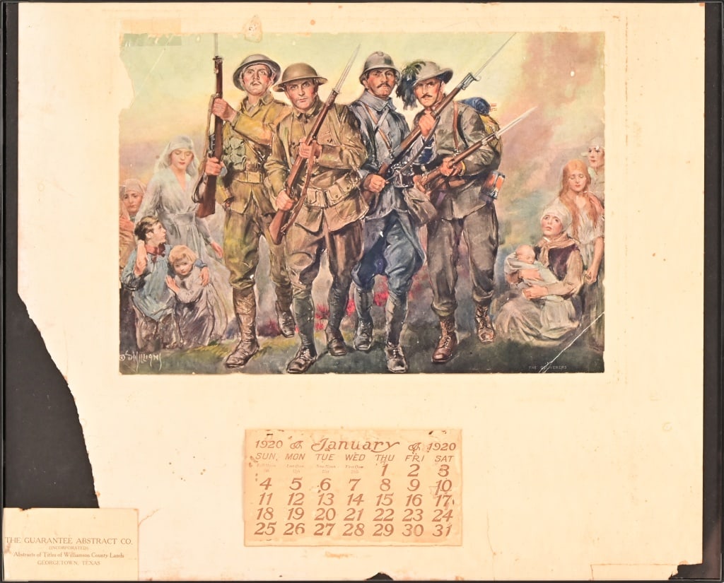 WWI Georgetown Texas Calendar 1920: Features WWI litho image from original painting by S. Williams. Some condition issues. 16x19