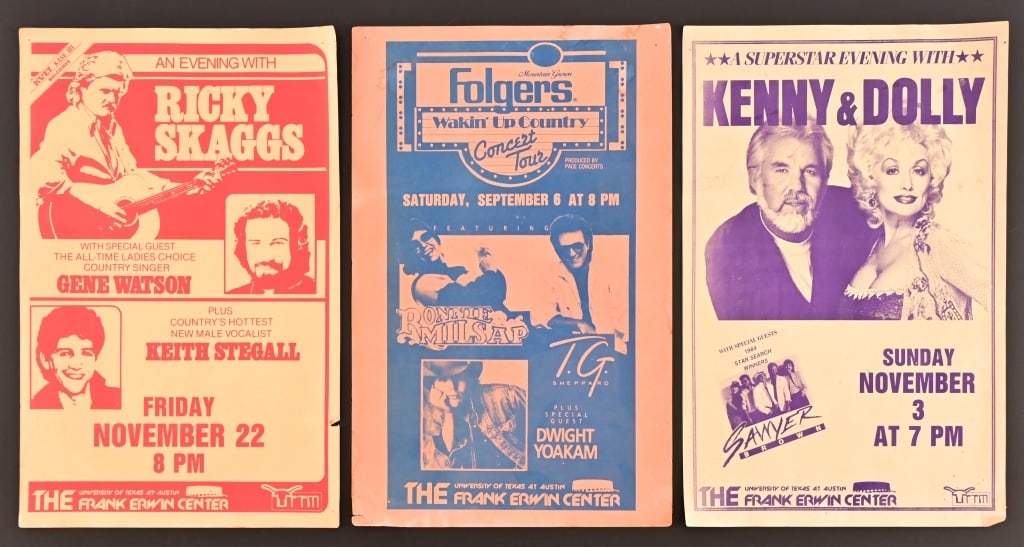 (3) Vintage Austin Texas Concert Posters: Dolly Parton & Kenny Rogers, special guests were new 1984 Star Search winners Sawyer Brown; Ricky Skaggs with Gene Watson and Keith Stegall; Ronnie Milsap and Dwight Yoakum. Circa Mid-1980's, The Fran
