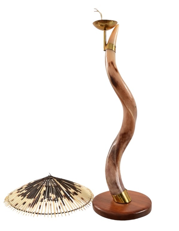 Hand-Made Antelope Horn Lamp with Quill Shade: Approximately 30" tall with shade on.
