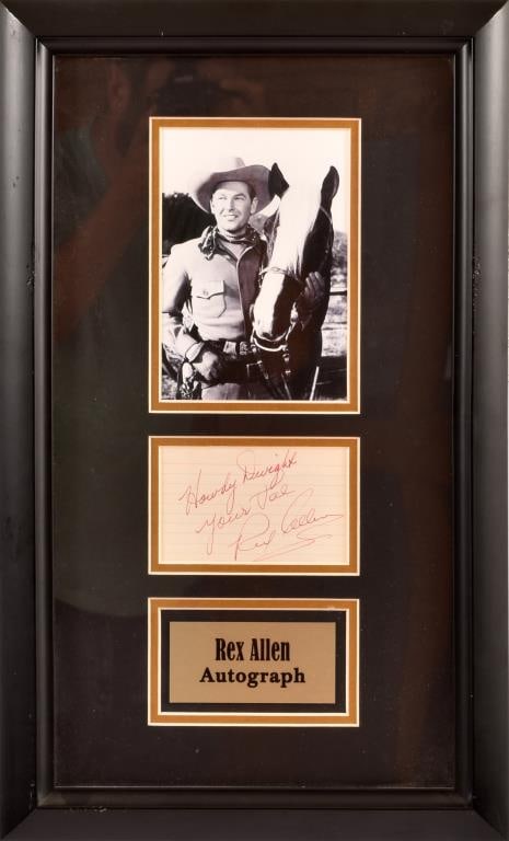 Rex Allen Autograph & Photo, Framed: Signature card reads "Howdy Dwight, Your Pal Rex Allen" 12" x 20" framed