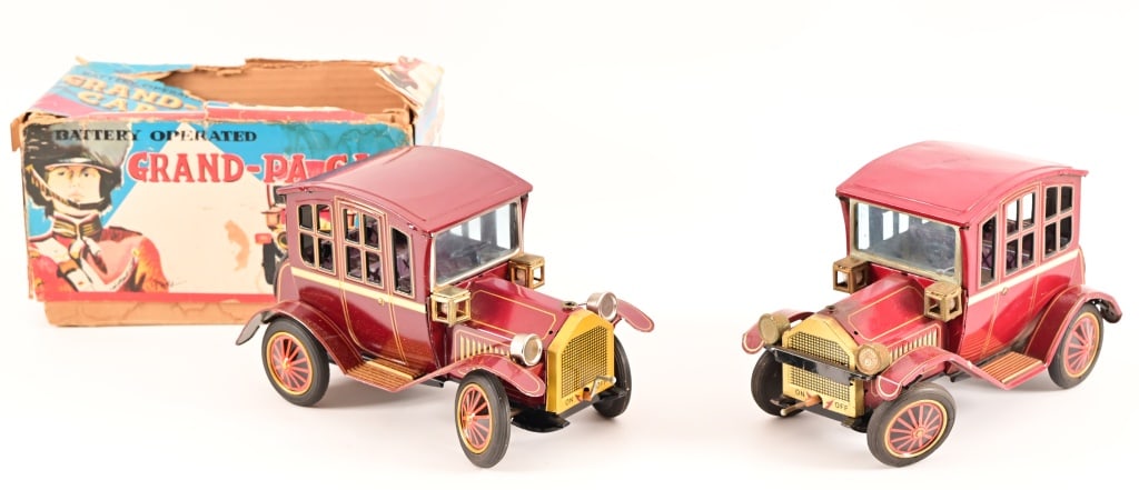 (2) "Grand-Pa Car" Vintage Pressed Tin Toys: Battery operated