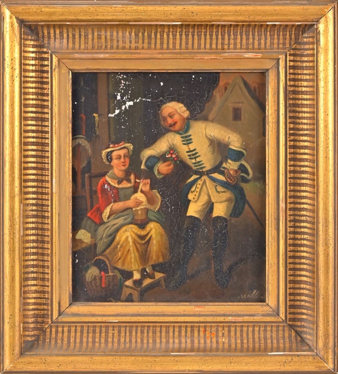 Antique European Oil on Tin: Mellisi Painted Tin Portrait. Measures 7" x 8"
