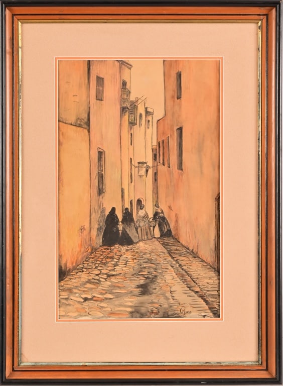 C.D. Gould Mixed Media Street Scene Painting: Original art, framed, behind glass. Image measures 11 1/4" x 18". Frame measures 20" x 27 1/4".