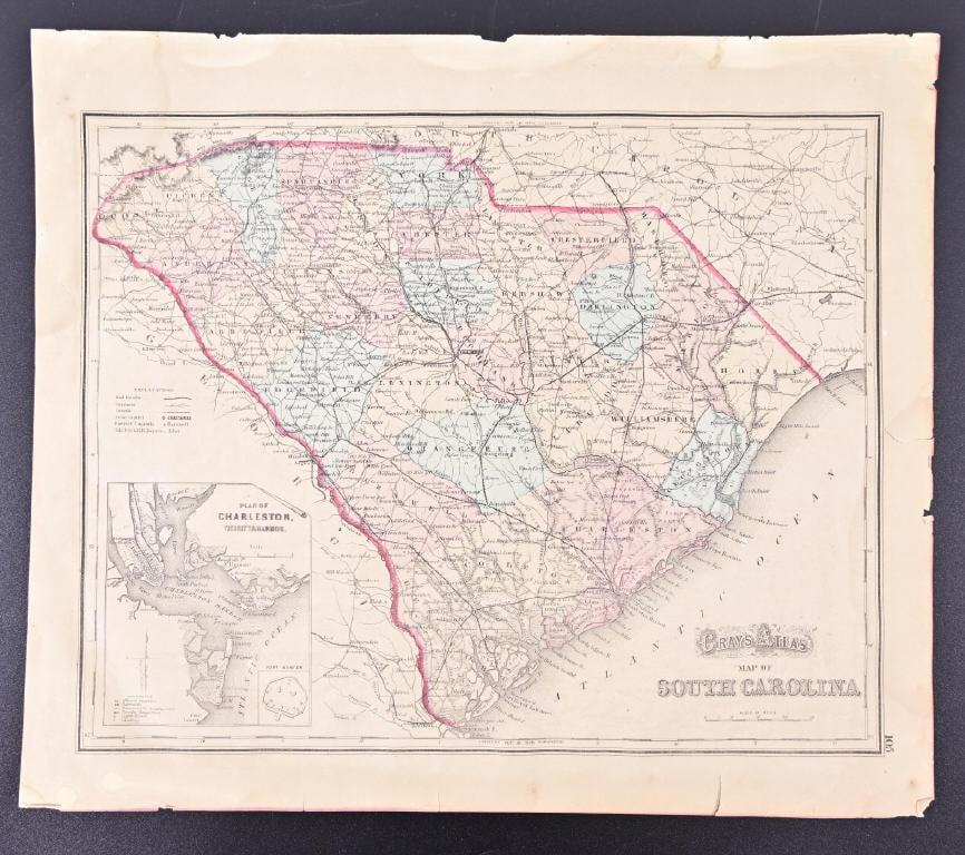 Gray's Atlas Map Of South Carolina and Georgia: 14 1/4" x 16 1/2". South Carolina on one side Georgia on he other .