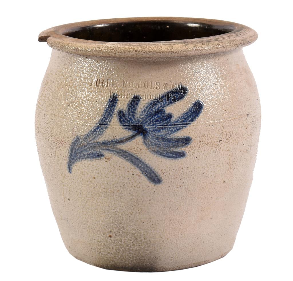 Moore Nichols & Co. Williamsport PA Stoneware Jar: Blue decorated salt glaze stoneware jar. Williamsport, Pennsylvania. Measures 8" x 8"