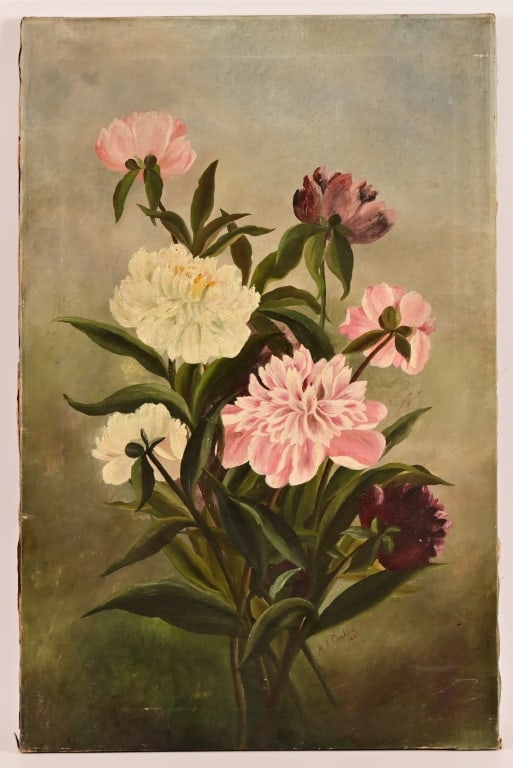 A V Conklin Original Floral Still Life Painting: Signed and dated 1883, Oil painting on canvas, unframed, signed lower RH corner. Measures 22" x 34 1/4".