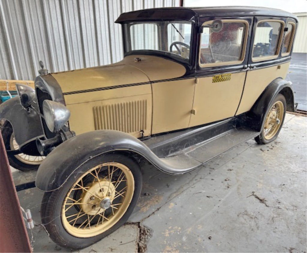 1929 Ford Model A Taxi: Not running. Needs restoration. 4 door. Title not in Acruri name.