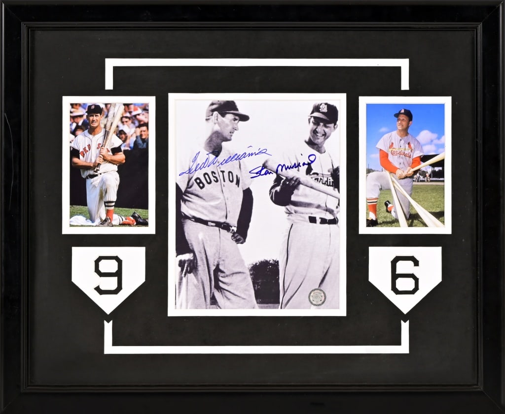 Ted Williams and Stan Musial Signed Photo: With COA, framed behind glass. 22 1/2" x 18 1/2". Photo in center measures 7 1/4" x 9 1/4".