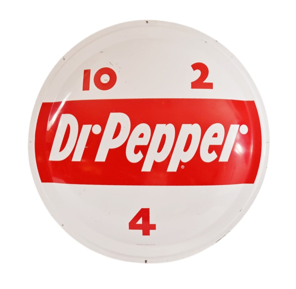 Dr. Pepper Tin Advertising Button Sign c.1953: "10-2-4" Manufactured by A-M Sign Co. Lynchburg, Virginia. Dated 9-53. Measures 36" diameter.