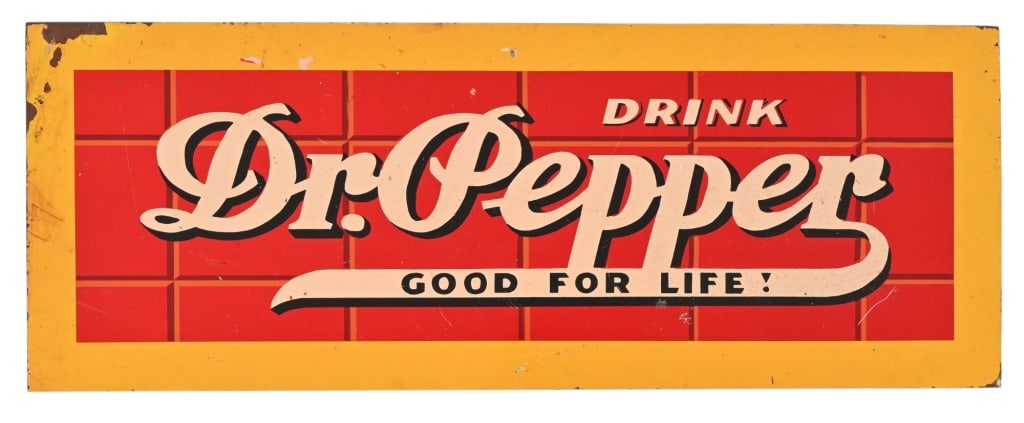 Dr. Pepper Red Brick Tin Advertising Sign: Measures 15 1/4" x 5 3/4".