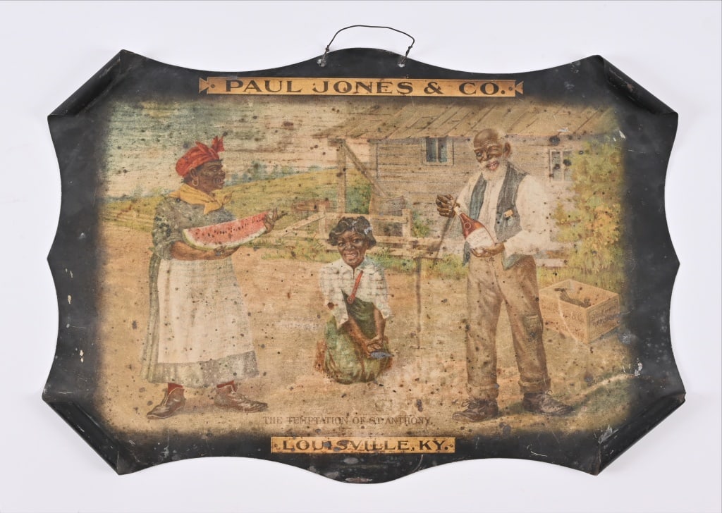 Paul Jones and Co Whiskey Tin Advertising Sign: The Temptation St. Anthony. Measures 19 1/2" x 13 1/2".
