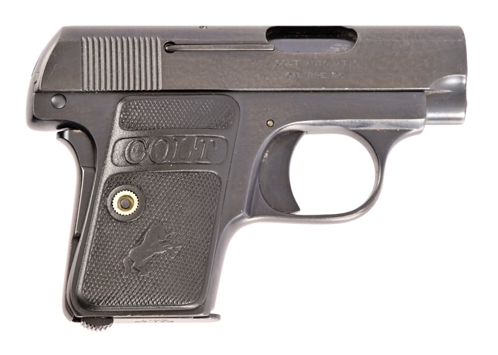 Colt M1908 Semi-Auto .25 ACP Vest Pocket Pistol: SN 109289, Manufactured in 1914. Good bore, 2" barrel. High condition with excellent bluing, rubber colt period grips. Modern.