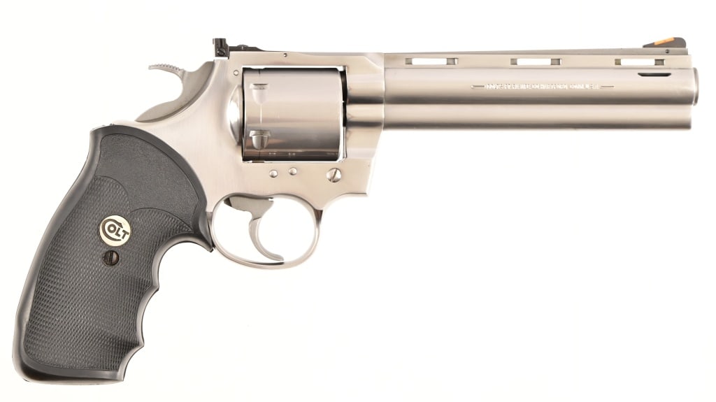 Colt Grizzly Revolver .357 Magnum: S/N CGZ610. Stainless finish, 6" vent ribbed barrel, Colt emblem checkered rubber grips. Modern