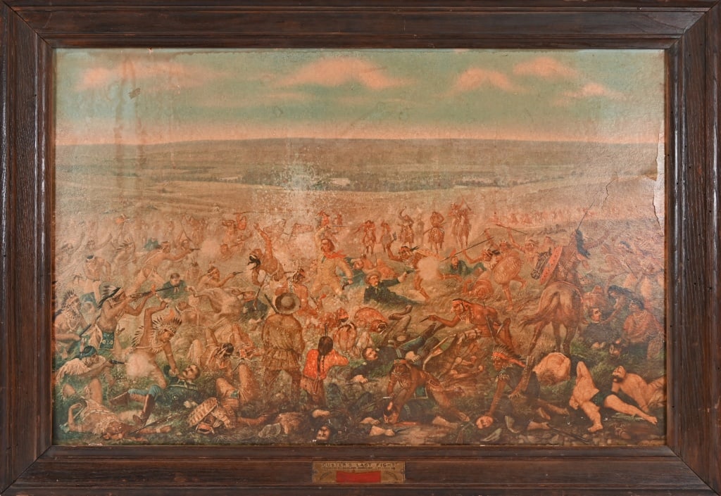 Anheuser Bush Custer's Last Fight Framed Litho: Cardboard advertising litho, has condition issues. Plaque has been partially painted over. Image measures 36 3/4" x 23 3/4". Frame measures 42 1/2" x 29".