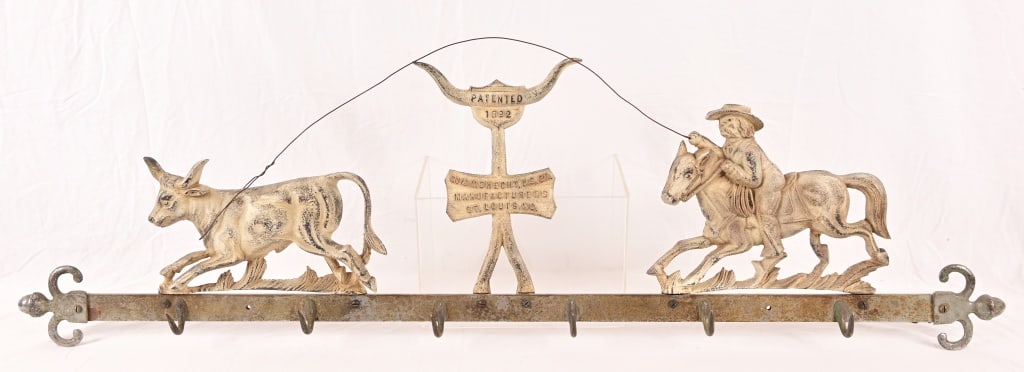 Cowboy Roping Steer Butchers Hanging Meat Rack: Gus V. Brecht , B.S. Co Manufacturers, Measures 54" x 16". Age unknown